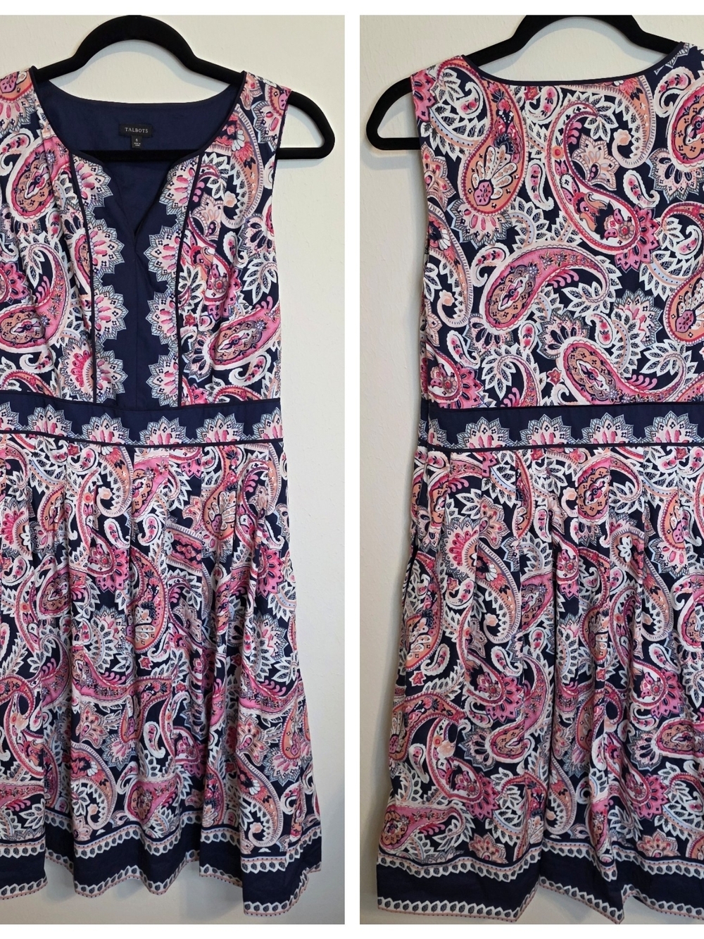Talbots Navy, Pink & White Paisley Fit-and-Flare Midi Dress